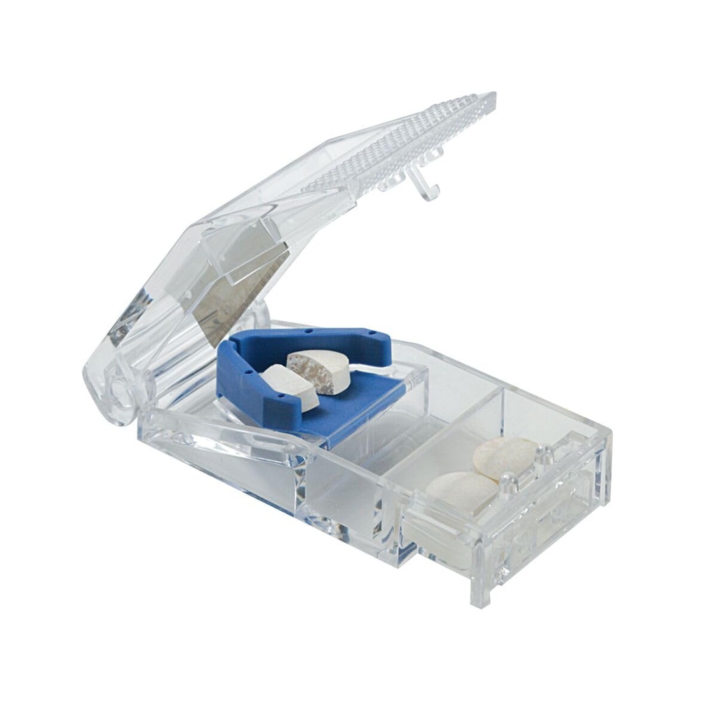 EZY DOSE Piller og Splitter med lås, Cuts piller, vitaminer, tabletter, rustfritt stål Blade, Reisestørrelse, trygt kutte piller og vitaminer, lett å bruke, blå, BPA gratis