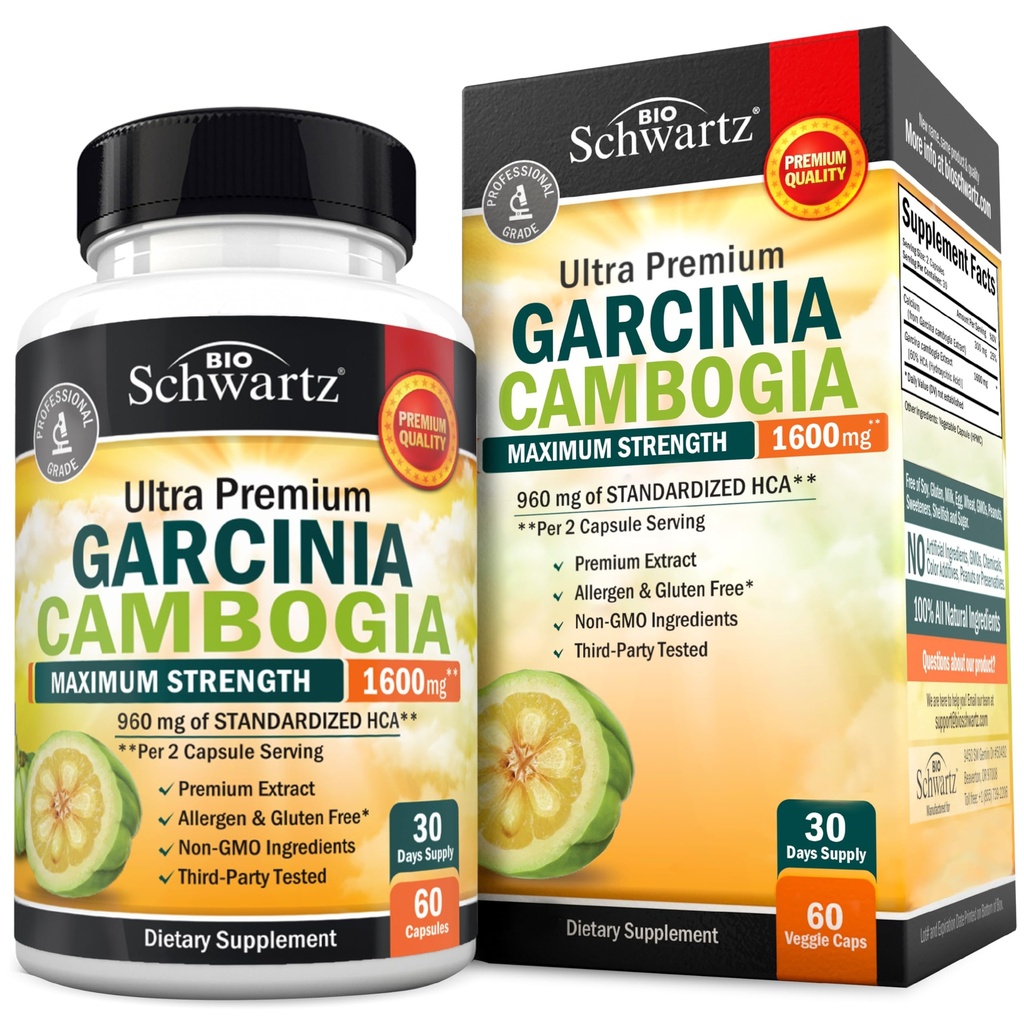 Garcinia Cambogia Vekttap piller - Maksimal styrke Appetitt Forsterker & fettforbrenner for menn og kvinner - 1600mg naturlig ekstrakt & 960mg HCA - Metabolisme Booster & Carb Blocker Kapsler - 60Ct