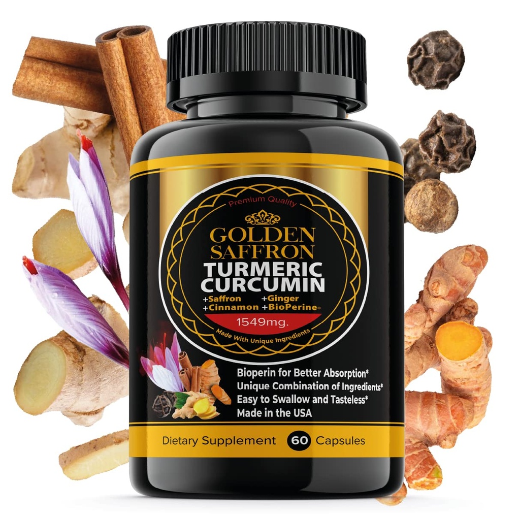 GOLDEN SAFFRON Turmeric Curcumin Supplement med Bioperine, Saffron, Cinnamon og Ginger - høy styrke, ikke-GMO, Glutenfri Supplement for en bedre effektivitet. Laget i USA