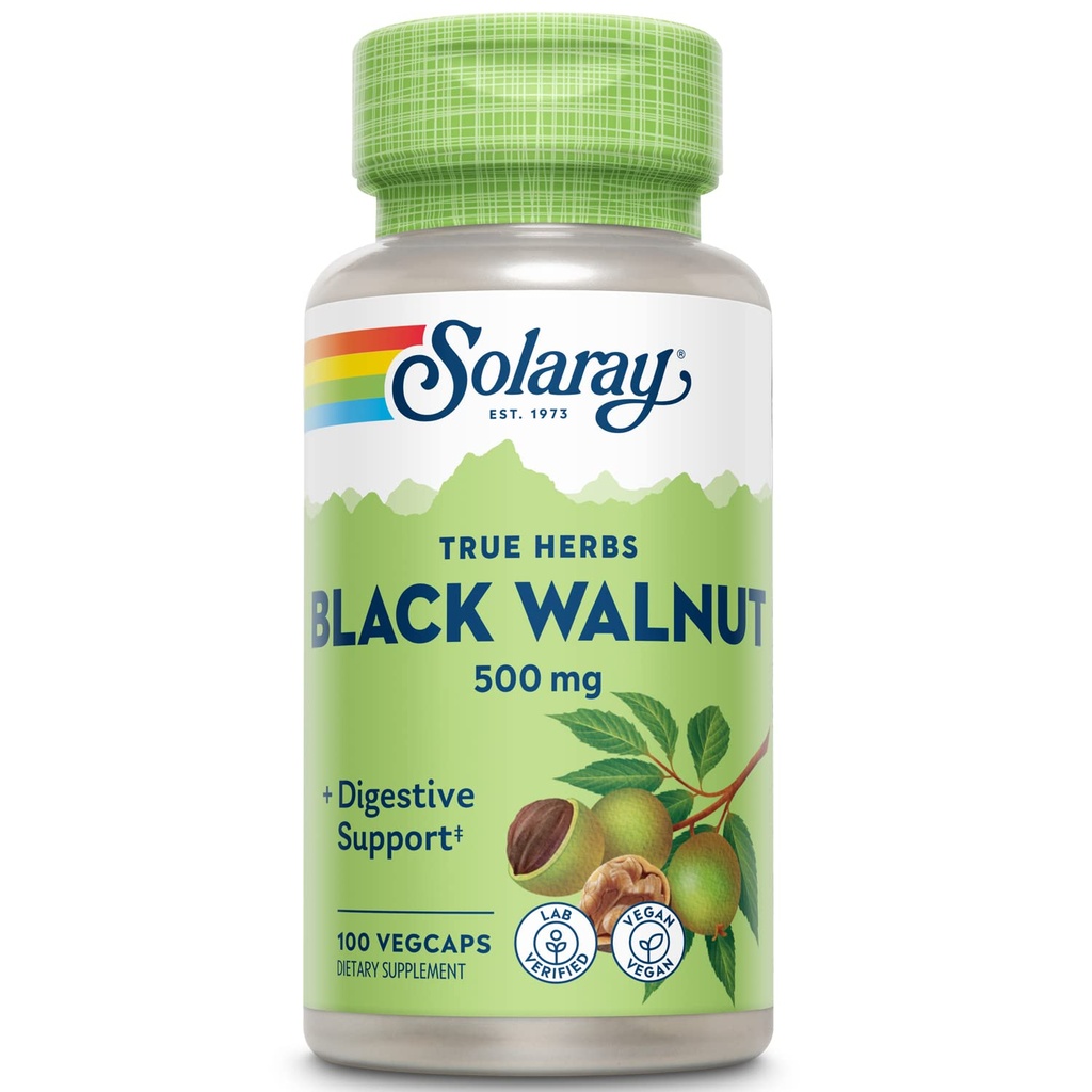 SOLARAY Svart Walnut 500 mg - Hel Hull - Tradisjonell Herbal støtteformula - Ikke-GMO Verifisert, Vegansk, Lab Verifisert - 60-dagers garanti - 100 Serveringer, 100 VegCaps