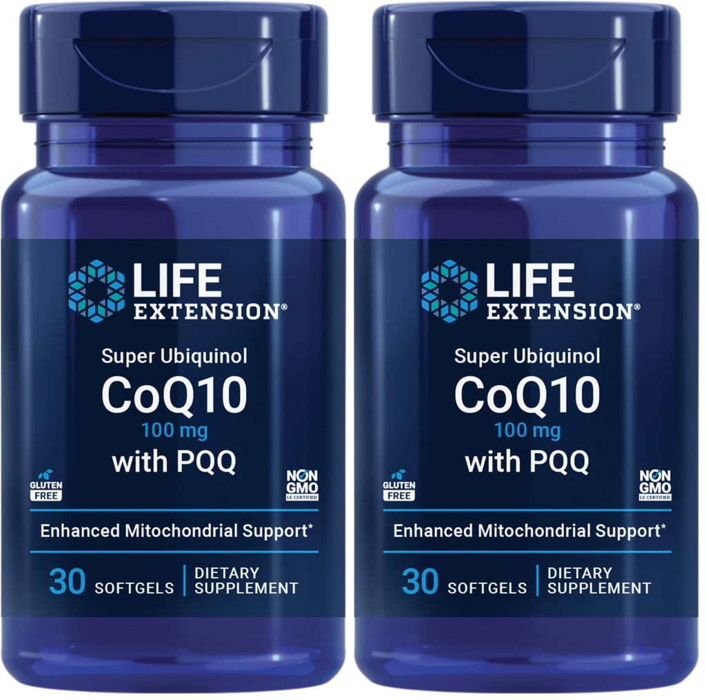 Livsforlengelse Super Ubiquinol CoQ10 med PQQ, CoQ10, PQQ, shilajit, hjertehelse, Cellular Energy Support, 8X bedre absorpsjon, Glutenfri, 100 mg, 30 mykgels (pakke med 2)