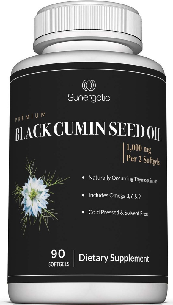 Sunergetic Premium Svart Cumin Seed Oil Softgels – 1000 mg svart Seed Oil Per Serving – Ikke GMO Cold Pressed Nigella Sativa – Inkluderer Thymoquinon & Omegas - 90 Softgels