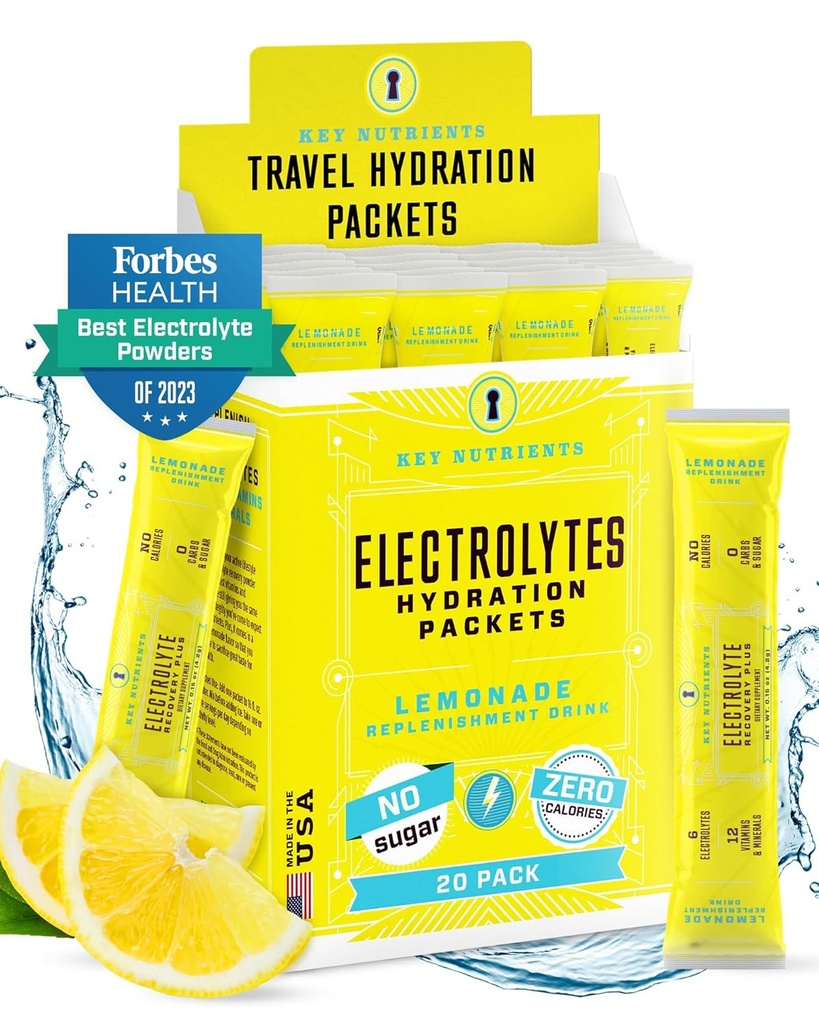 KEY NUTRIENTS Electrolytes pulverpakker - Forfriskende sitronade 20 Pack Hydration Packets - Reise Hydration Powder - Ingen sukker, ingen kalorier, Glutenfri - laget i USA