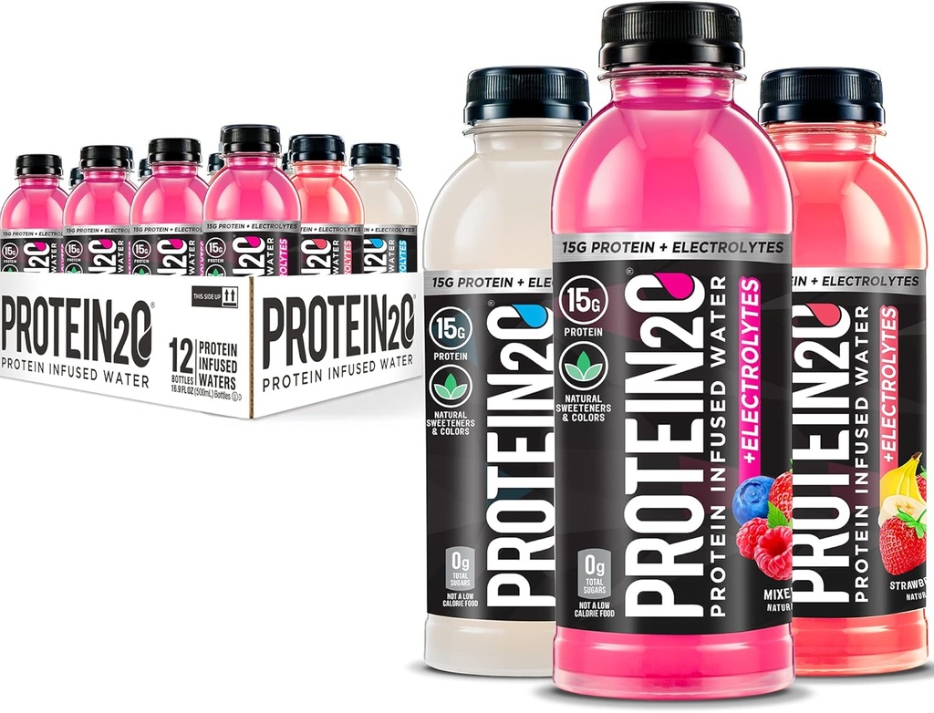 Protein2o 15g Whey Protein Isolere Infundert vann Plus Elektrolytter, Sukkerfri sportsdrikk, Klar til å drikke, Glutenfri, Laktosefri, Electrolyte Variety Pack, 16,9 floz flaske (12 teller)
