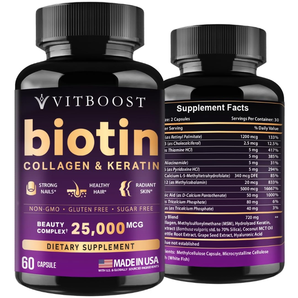 VITBOOST Biotin med hyaluronsyre, kollagen og keratin – 25000 mH hårvekstvitaminer for menn og kvinner – negler og hud, USA laget - tredjeparts testet, B1, B2, B3, B6, B7 kompleks - 60 kapsler