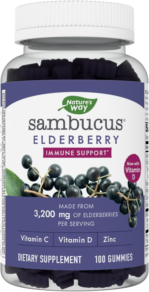 Naturens vei Sambucus Elderberry Gummies - immun støtte supplement for barn og voksne* - med vitaminer C, D3, sink og antioksidant støtte* - Glutenfri og vegetarisk - 100 gummier