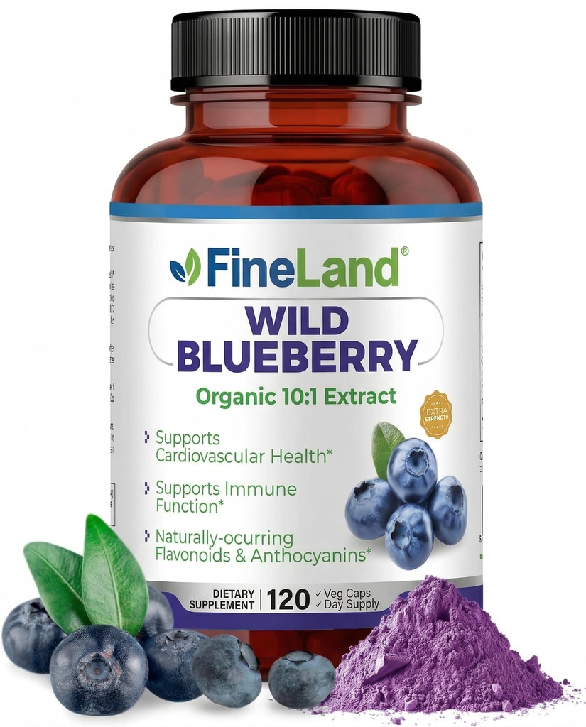 FineLand Wild Blueberry 10:1 Ekstrakt, 6.000 mg styrke, 120 veganske kapsler, rik på flavonoider og anthocyaniner, Antioksidant støtte for hjerne og hjerte helse, 4-måneders forsyning, ikke-GMO laget i USA