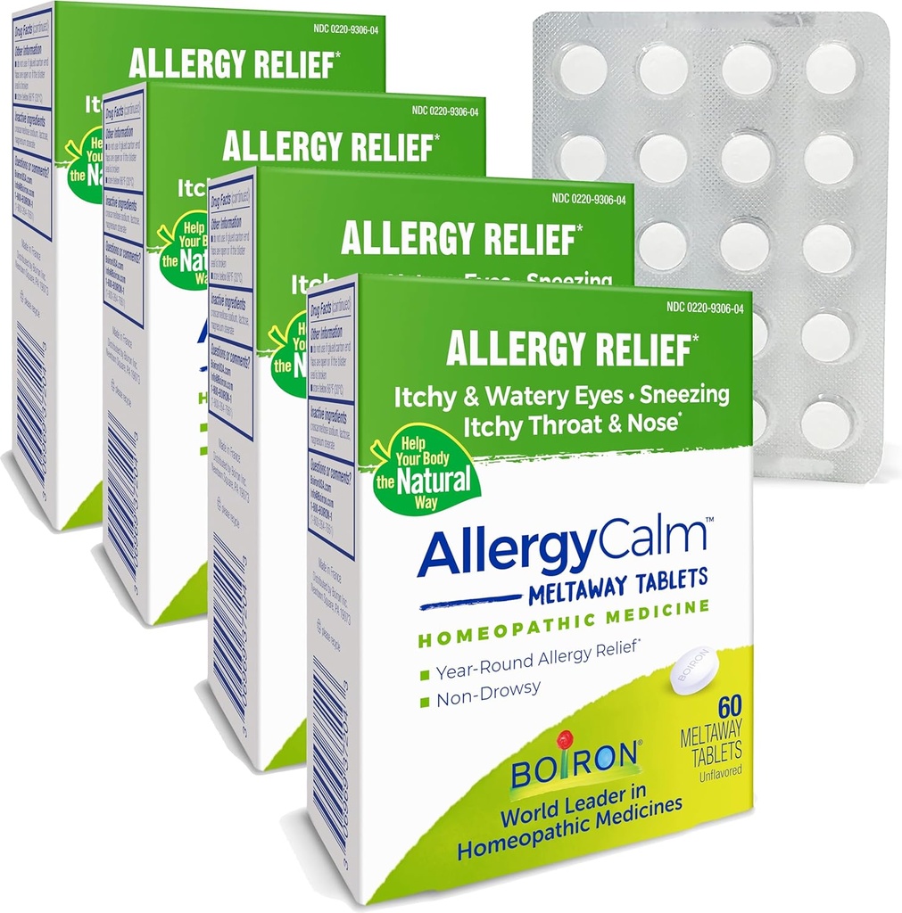 Boiron AllergyCalm tabletter 240 greve, Relief fra allergier og Hay Fever symptomer på sensing, Runny nese, kløende øyne, Throat, Allergy Calm Tabs (tidligere RhinAllergy) (pakke med 4 60ct bokser)