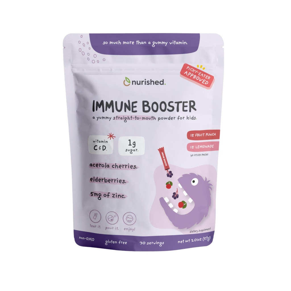 Barns Immun Booster med eldrebær, Acerola Cherry, sink, vitaminer C & D - Straight-to-Mouth pulver - 30 serveringer - 2 Flavors