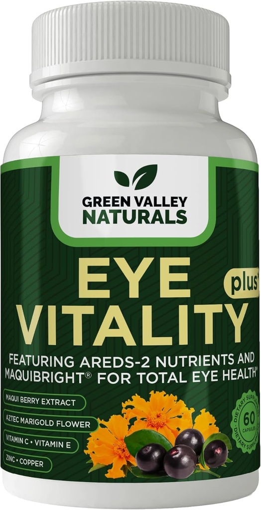 GREEN VALLEY NATURALS Eye Vitality Plus Supplement, med arder-2 næringsstoffer, maquibright, Marigold blomst, vitaminer C & E, sink, kobber, 60 kapsler (1)