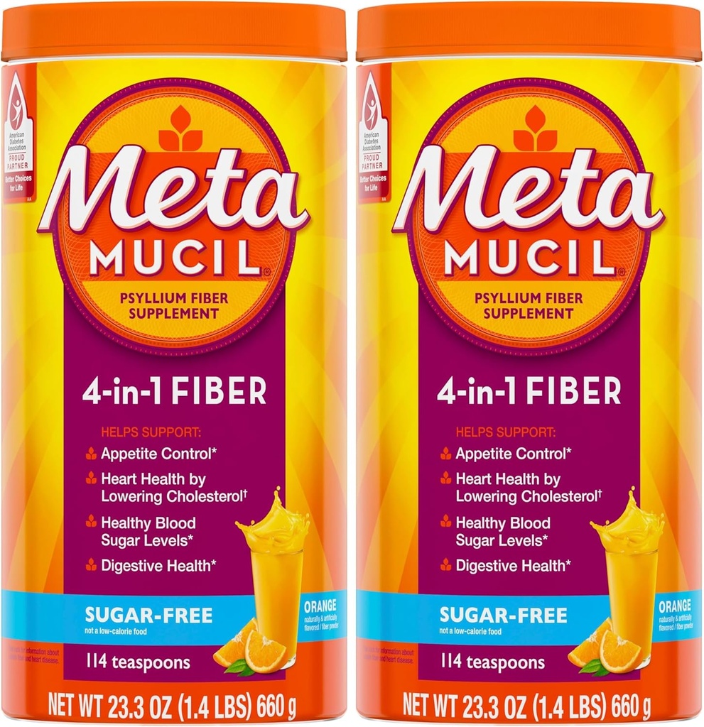 Metamucil, daglig Psyllium Husk pulver Supplement, sukker-fri pulver, 4-i-1 Fiber for digestiv helse, oransje flavored drikk, 114 tsk, 1,4 pund (pakke med 2)