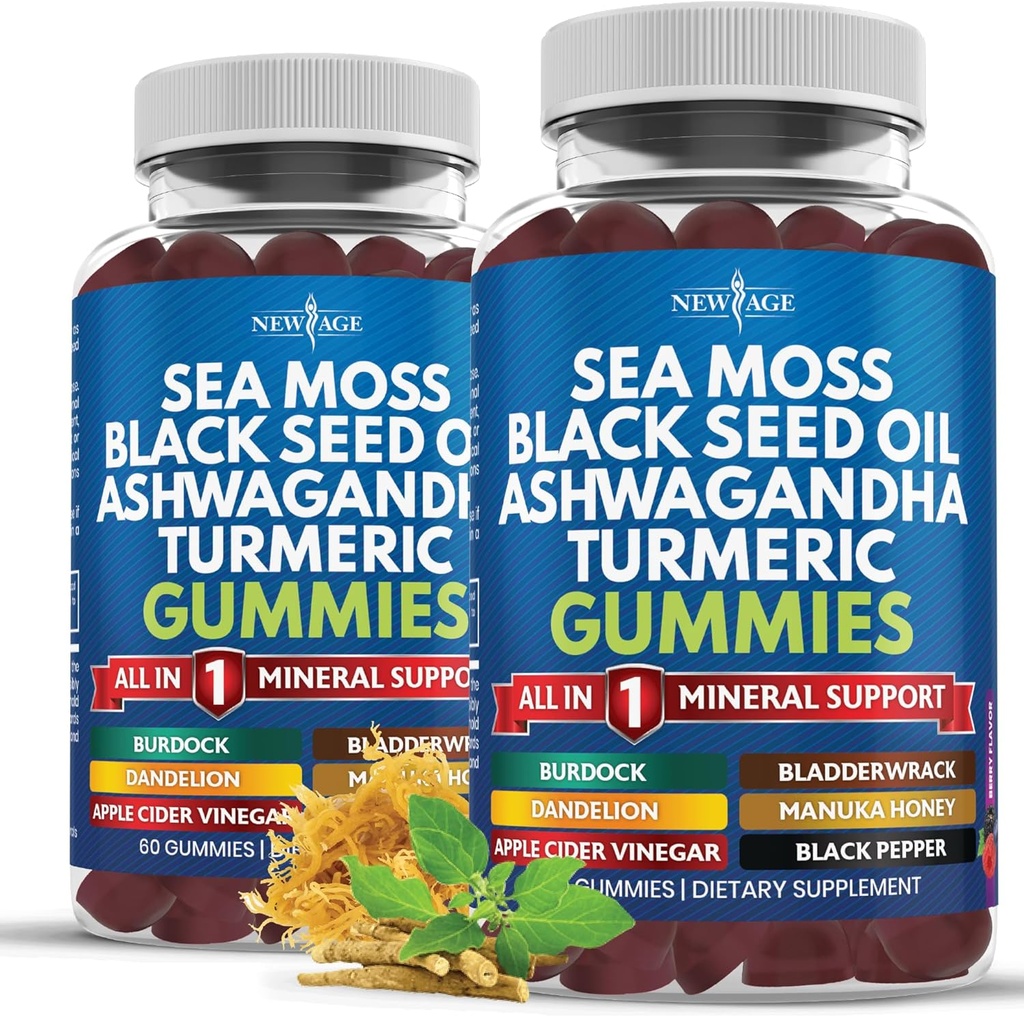 Sea Moss Gummies, Hav Moss, Svart frø, Ashwagandha, Turmeric, Manuka Honning, ACV, Dandelion, Black Pepper, Burdock, Bladderwrack, Vegan - 120 greve