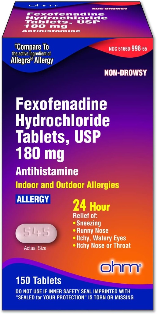 Ohm Allergi Medisin Fexofenadin 180mg - 24 timers relief for Sneezing og Allergi Symptomer, Ikke-Drowsy - 24 timers Antihistamin tabletter for effektiv relief - 150 greve (enkelt pakke)