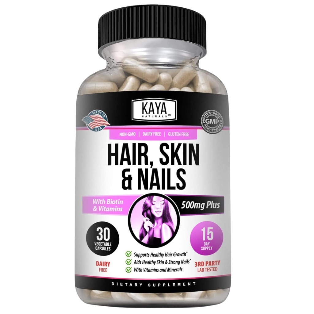 Kaya Naturals Hår Hud Nagle Kapsler med Biotin - Håret og huden vitaminer, vitamin D-vitamin B-12 A Folinsyre støtte, hår støtte vitamin Supplement for hårhud negler- 30 greve kapsler
