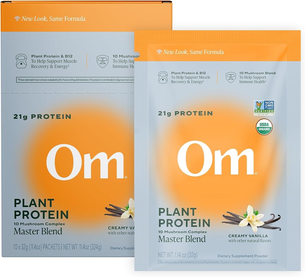 Om master blanding vegansk protein pulver, vanilla, 21g planteprotein - organisk moshroom Supplement med 10 mushroom kompleks, Ashwagandha, BCAA og vitamin B12 - enkelt server (10 tall)
