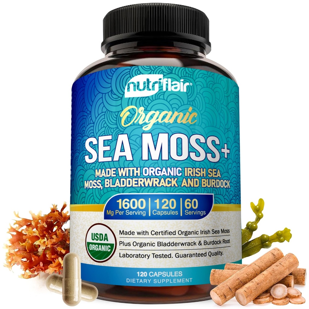 NutriFlair Organic Sea Moss 1600 mg, 120 kapsler Plus Bladerwrack & Burdock - Prebiotic Super Food - Immunsystem & Digestiv Helse - Thyroid, Helse, Keto Detox, Gut