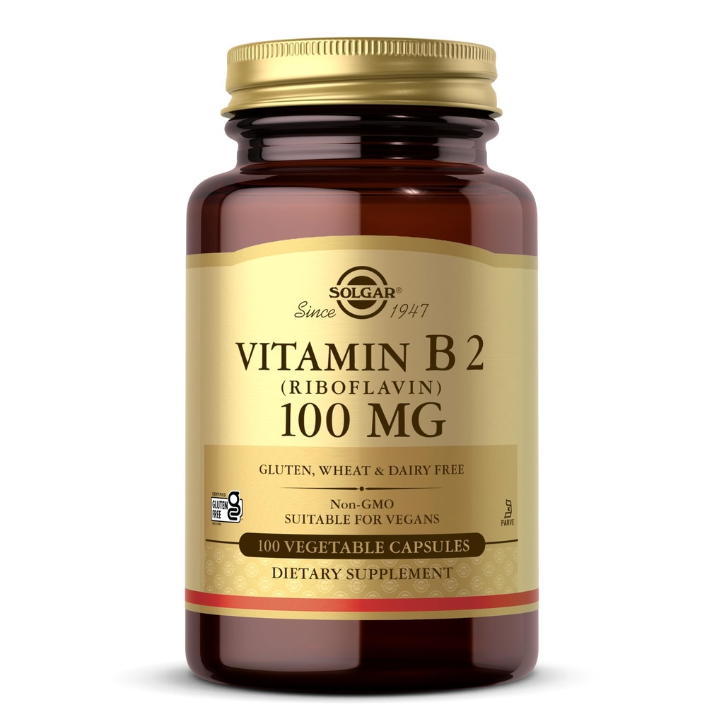Solgar Vitamin B2 (Riboflavin) 100 mg, 100 Grønnsaker kapsler - Energimetabolisme, Sunnnervesystemet - Ikke-GMO, Vegan, Glutenfri, Dairy Free, Kosher - 100 Services
