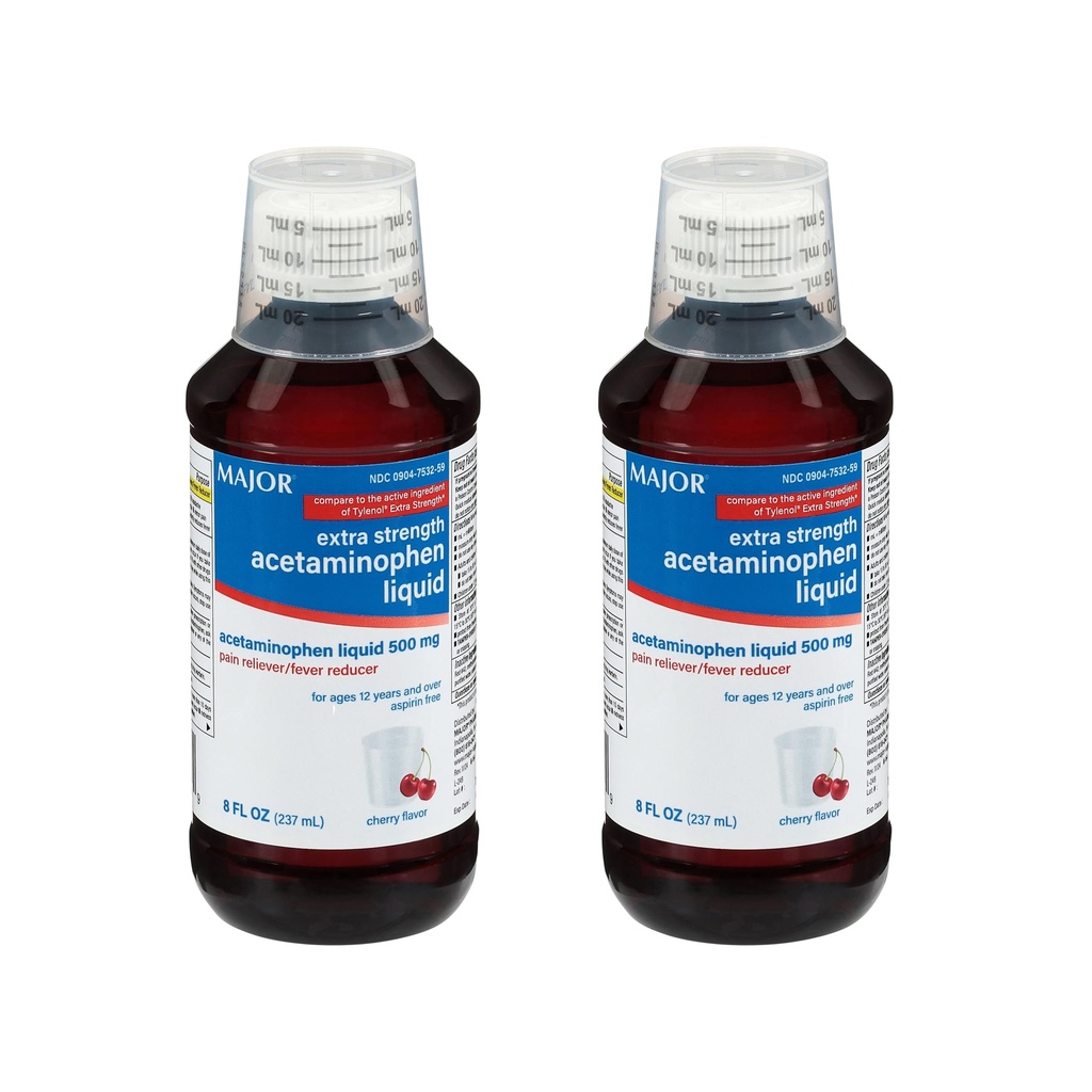 MAJOR voksen ekstra styrke flytende acetaminophen 500mg - hjelper lindre smerte og redusere feber - aspirin gratis - Cherry Flavor - 8 Fl Oz (2 pakke)