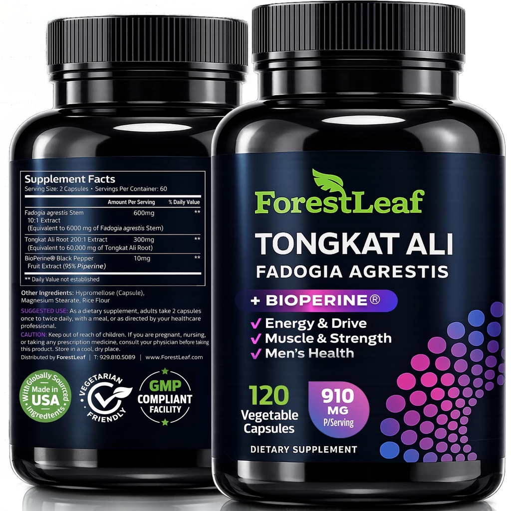 Tongkat Ali og Fadogia Agrestis for menn Supplement w / Bioperine - Tonkat-Ali Max styrke 200:1 Ekstrakt - Long Jack Tongkat-ali for menn - Muskelvekst, ytelse og energi - 120 pulverkapsler