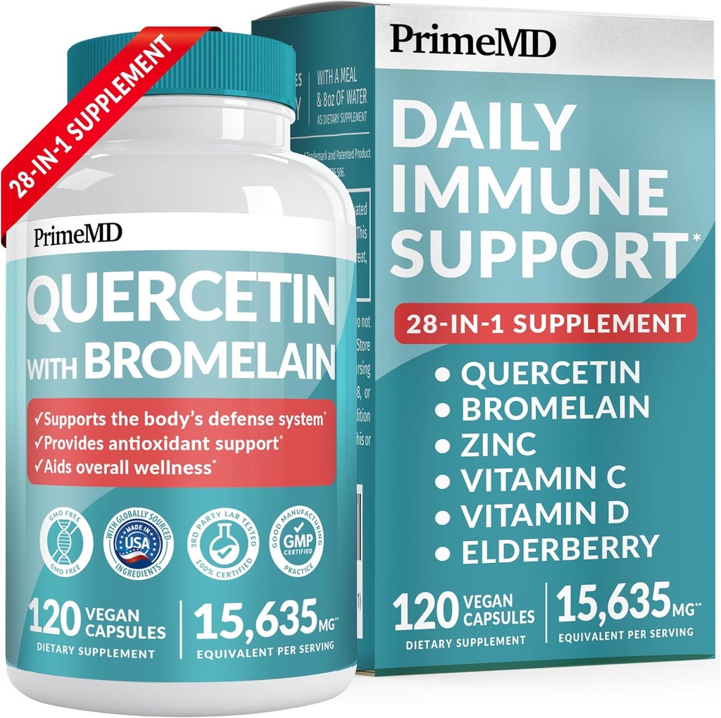 28-i-1 Quercetin med Bromelain Supplement for daglig immunforsvarsstøtte - Quercetin med vitamin C og sink for voksne beriket med vitamin D og eldrebær (120ct)