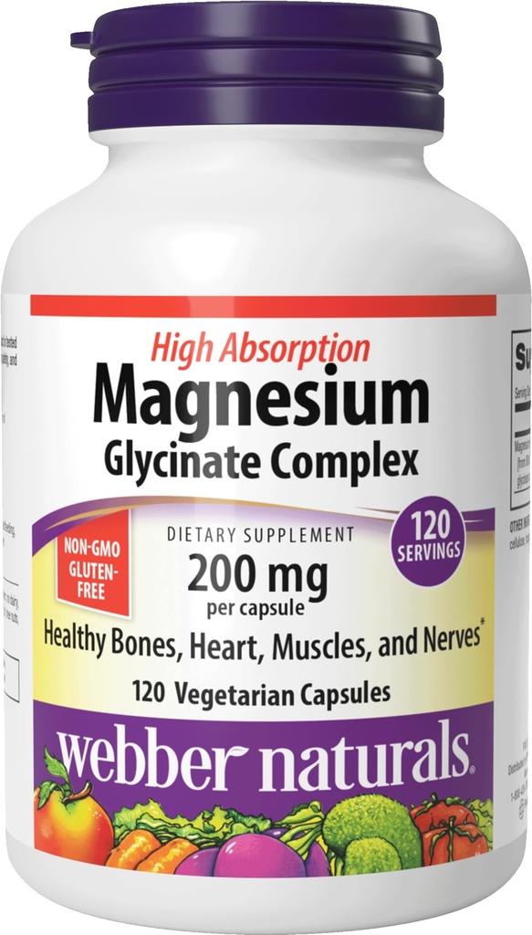 Webber Naturals Magnesium Glycinate Complex 200 mg, 120 Vegetariske kapsler, høy absorpsjon formel, støtter bein, hjerte, muskler og nerver, en-per-dag, vegansk, ny etikett!