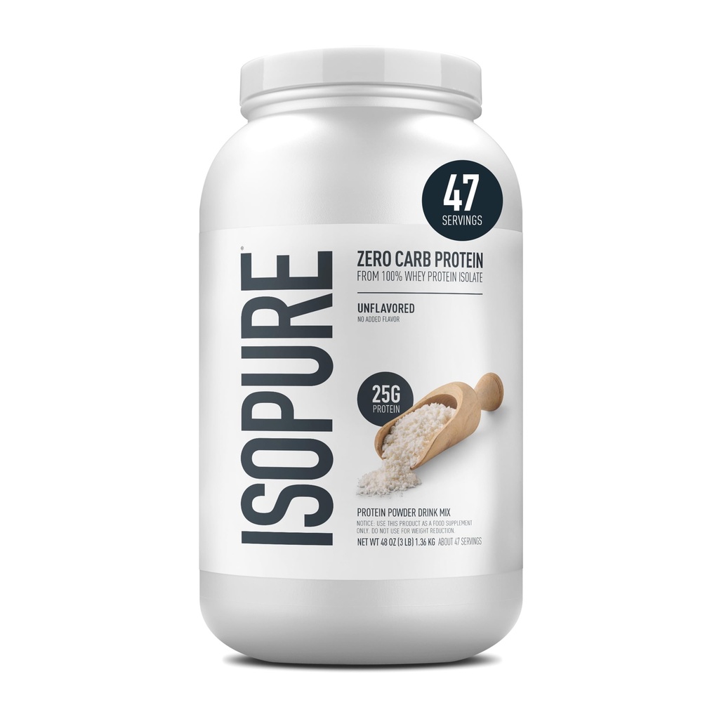 Isopure Zero Carb 100% ren Whey Isolate Protein Powder, Glutenfri, med vitaminer, uflavorert, 25g Protein Per Serving, 3 Lbs, 47 Serveringer (Packaging May Vary)