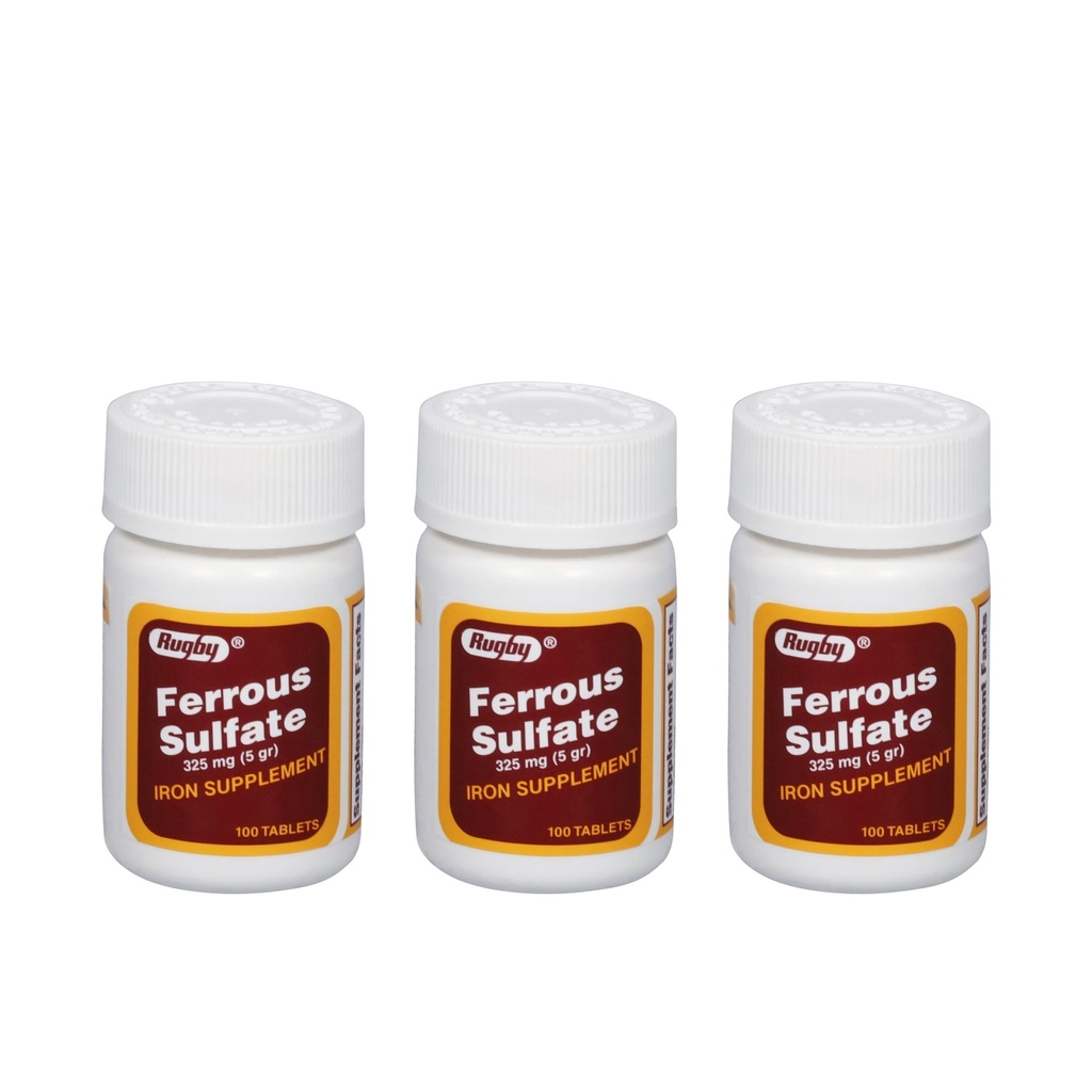 Rugby Ferrous Sulfate 325 mg Tabletter - jerntilskudd for kvinner og menn - 100 greve (3 pakke)