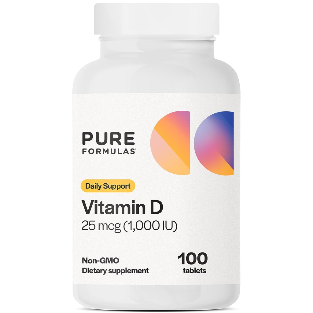 PureFormulas Vitamin D3 1000 IU 25mg - Premium vitamin D Supplement for sunn beinformasjon, tenner, kardiovaskulær helse, og immunstøtte Non-GMO - 100 Count Tabletter