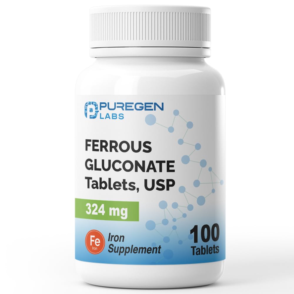 Puregen Labs Ferrous Gluconate 324 mg [høy styrke] Jern Supplement, Gentle på magen - 100 tabletter