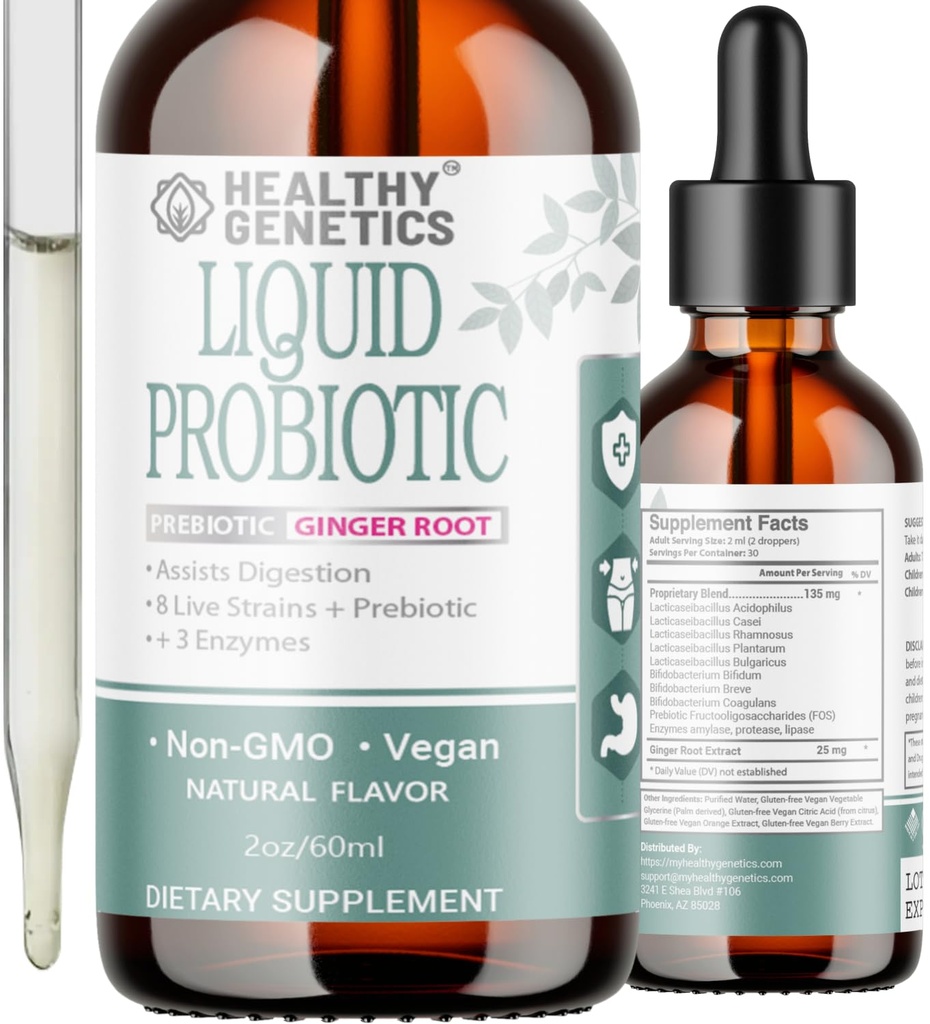 Flytende probiotika for kvinner menn og barn | Prebiotic + Ginger + Probiotika for Digestive Helse | Acidophilus Probiotic | Dairy Gratis | Vegansk | Ikke-GMO | Glutenfri | 30 Serveringer