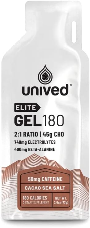 Unived Elite Gel 180-2:1 Forholdet mellom enkle og komplekse karbohydrater med Beta Alanine og essensielle elektrolyter - for Endurance Athlets Runners & Cyclists - 180kcal - Cocoa Sea Salt - 50mg Koffein - Pakke med 6