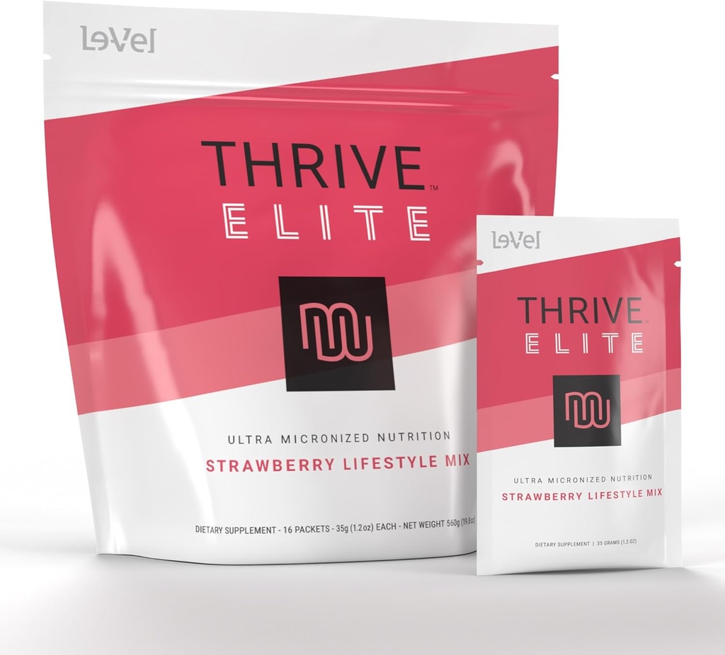 Le-Vel Thrive Elite Protein Shake | Glutenfri, Proteinblanding med BCAA, Probiotika og Enzymer |16 Serveringer - Enkeltpakker, Jordbær