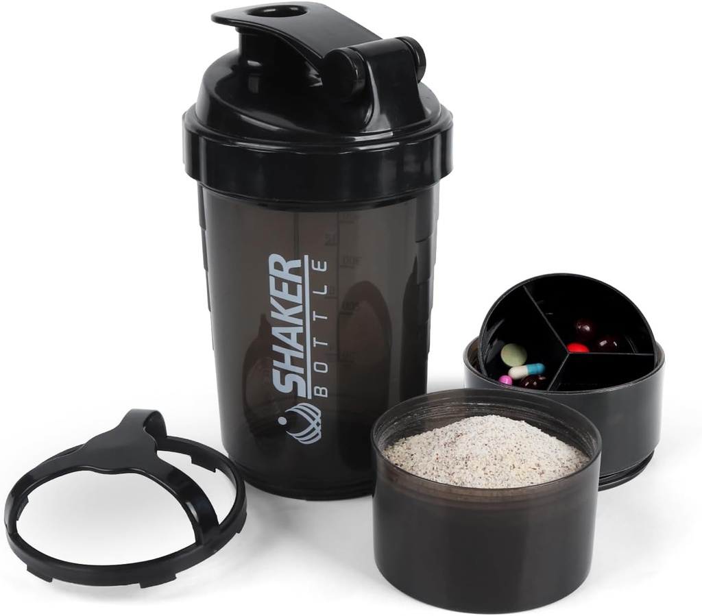 Shaker Flaske - Protein Shaker Cup med lagringssammenligninger - Leak-sikker Workout risteflasker med blander for jevn blanding-500ML/16oz (PURE BLACK)