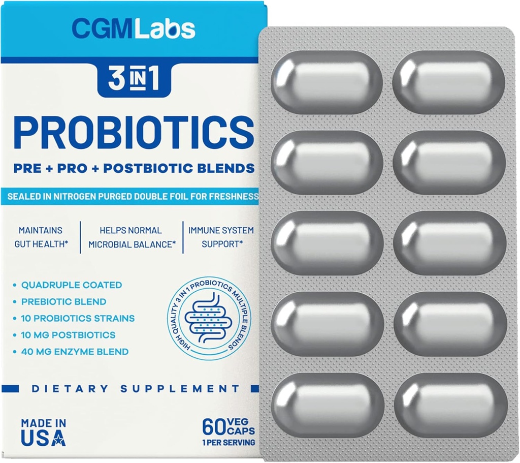 Probiotika 3 i 1 - Prebiotika + Probiotika + Postbiotika Alt i én! Nitrogen renset, individuelt pakket i dobbel-foil blemster for friskhet - 60 Veg caps av CGM Labs