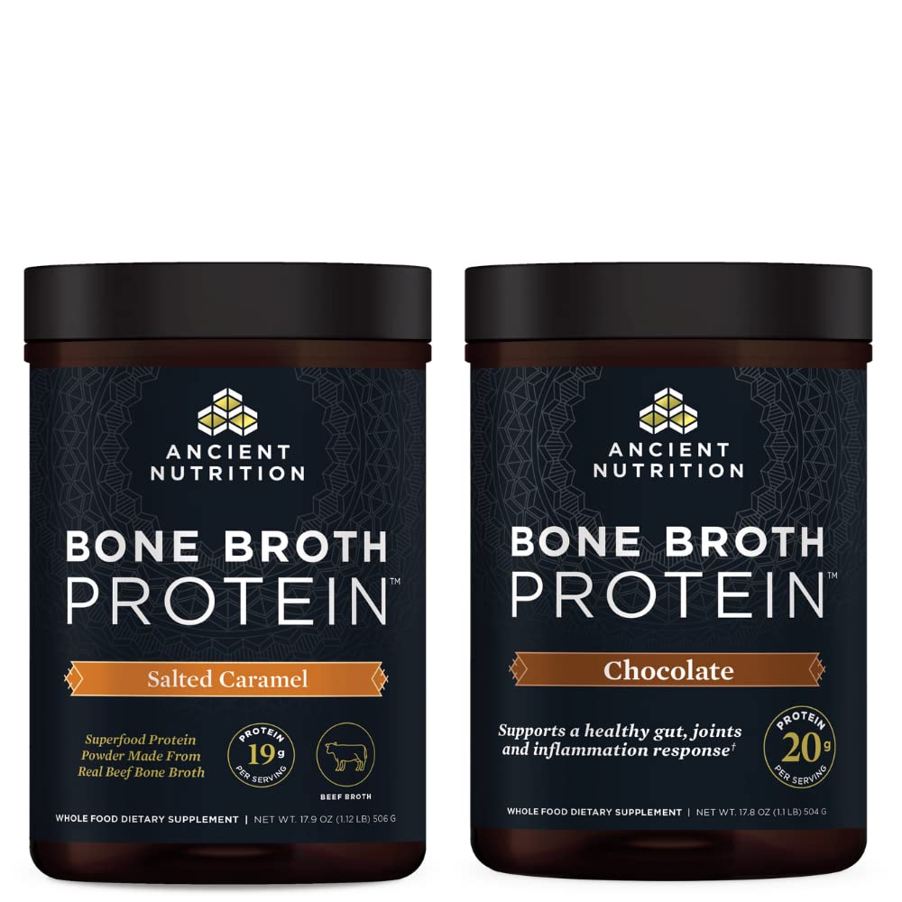 Gamle Nutrition Bone Broth Protein pulver, saltet karamell, 20 serveringer + Bone Broth Protein pulver, sjokolade, 20 serveringer