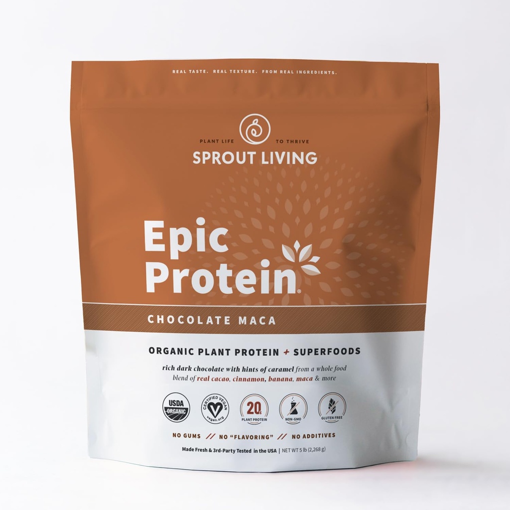 Sprut Living Epic Protein, Plant Basert Protein & Superfoods pulver, Sjokolade Maca pulver | 20 gram organisk protein pulver, vegansk, ikke-GMO, Glutenfri, lav sukker (5 pund, 60 serveringer)
