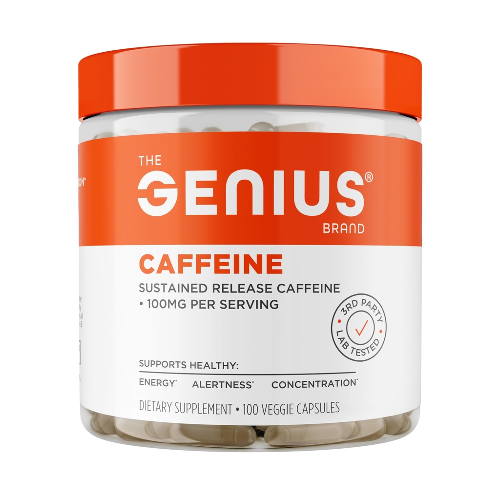 Genius-kaffein - disponibel mikroenkapslede koffeinpiller for glatt, langvarig energi og fokus - Ingen jitter eller krus - 100 mg per kapsel - 100 serveringer - naturlig ytelse Booster