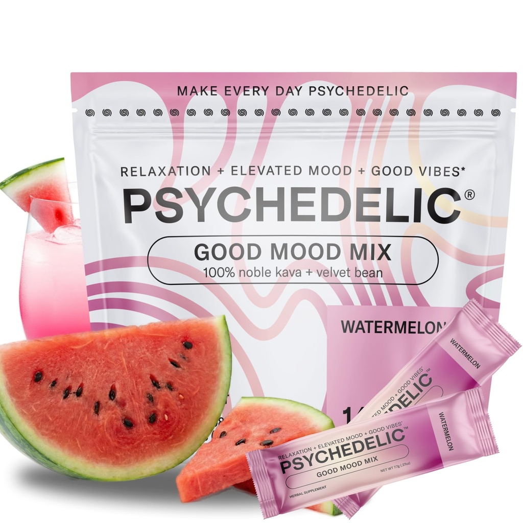 God Mood Mix - Vannmelon - Powder Packets - beroligende Kava Drink Mix - Easy Open Single-Serving - Flavored Kava Powder - Mucuna Pruriens - Stevia - Ikke-alkoholisk Adaptogen Mocktails - 14 Stick