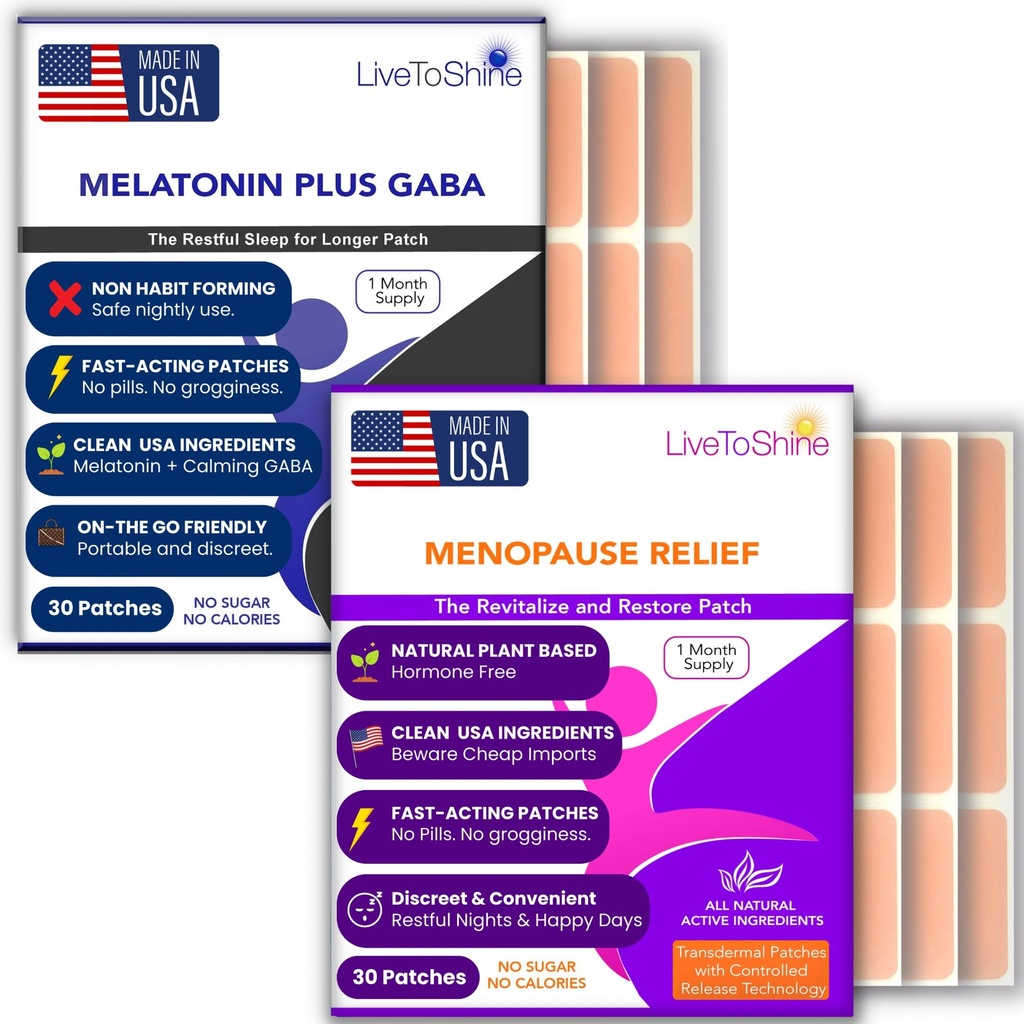 Menopause Relief og Melatonin Sleep Patch Bundle - 2 pakker - Hot Flashes, Natt Svette, Mood Swings Relief Plus Restful Sleep Patches - 30 dagers forsyning per pakke (60 patches) - USA Laget av Live To Shine