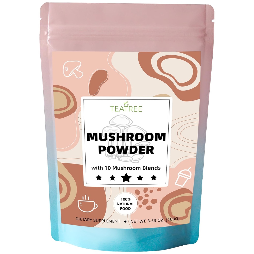10 Mushrooms ekstraher pulver, Mushroom Supplement Blanding for kaffe, drikke og smoothies, naturlig fokus, energi og immunstøtte Supplement - 3,53 oz / 100g