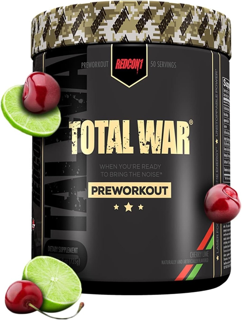 REDCON1 Total War Pre Workout, Cherry Lime - Beta Alanine + Citrulline Malate Vegan & Keto vennlig preworkout for menn og kvinner med 320 mg koffein (50 Serveringer)