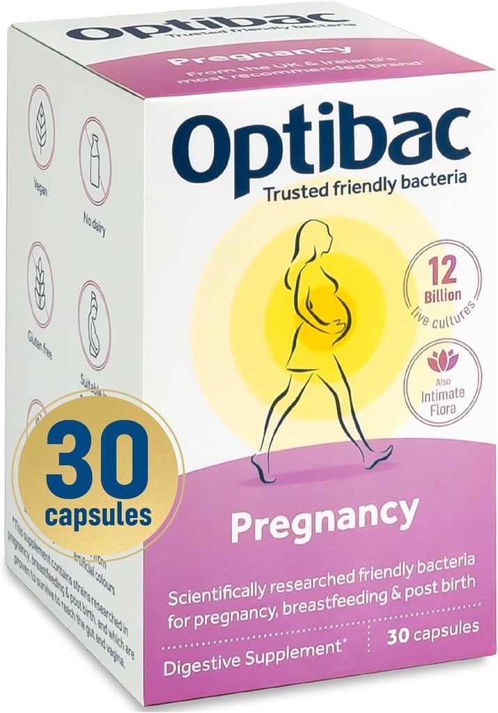 Optibac Probiotika Graviditet - 12 milliarder CFU & FOS Fibres, Vegansk Probiotiske Supplement for gravide & amming kvinner, 30 kapsler