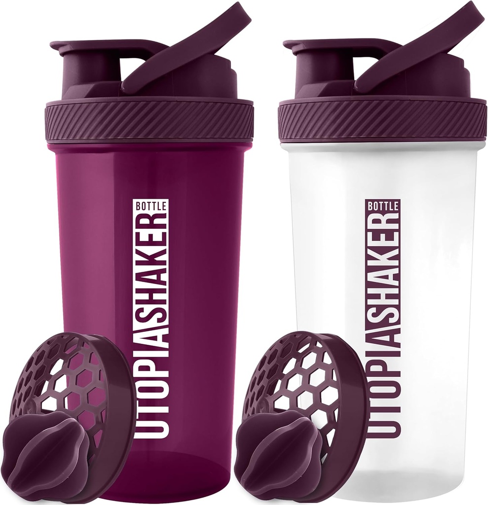 Utopia Home Protein Shaker Flaske - (pakke med 2) 28-Ounce Shaker flasker for proteinblandinger - Fitness Sports Classic Protein Mixer Shaker flaske (Plum & Clear/Plum)