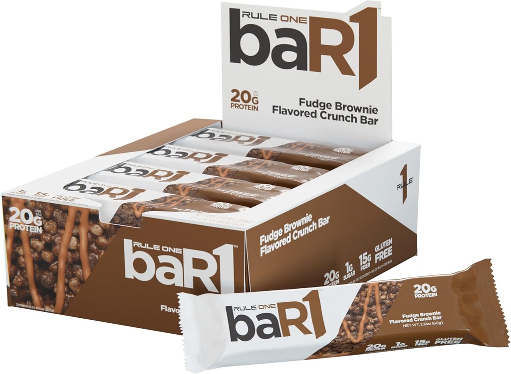 Regel 1 baR1 Crunch Bar - On-The-Go Beleilig Protein Snack Bars med 20g Premium Protein, naturlig pakket med EAA / BCAA, Hungersnilling Fiber (12 Count Box, Fudge Brownie)