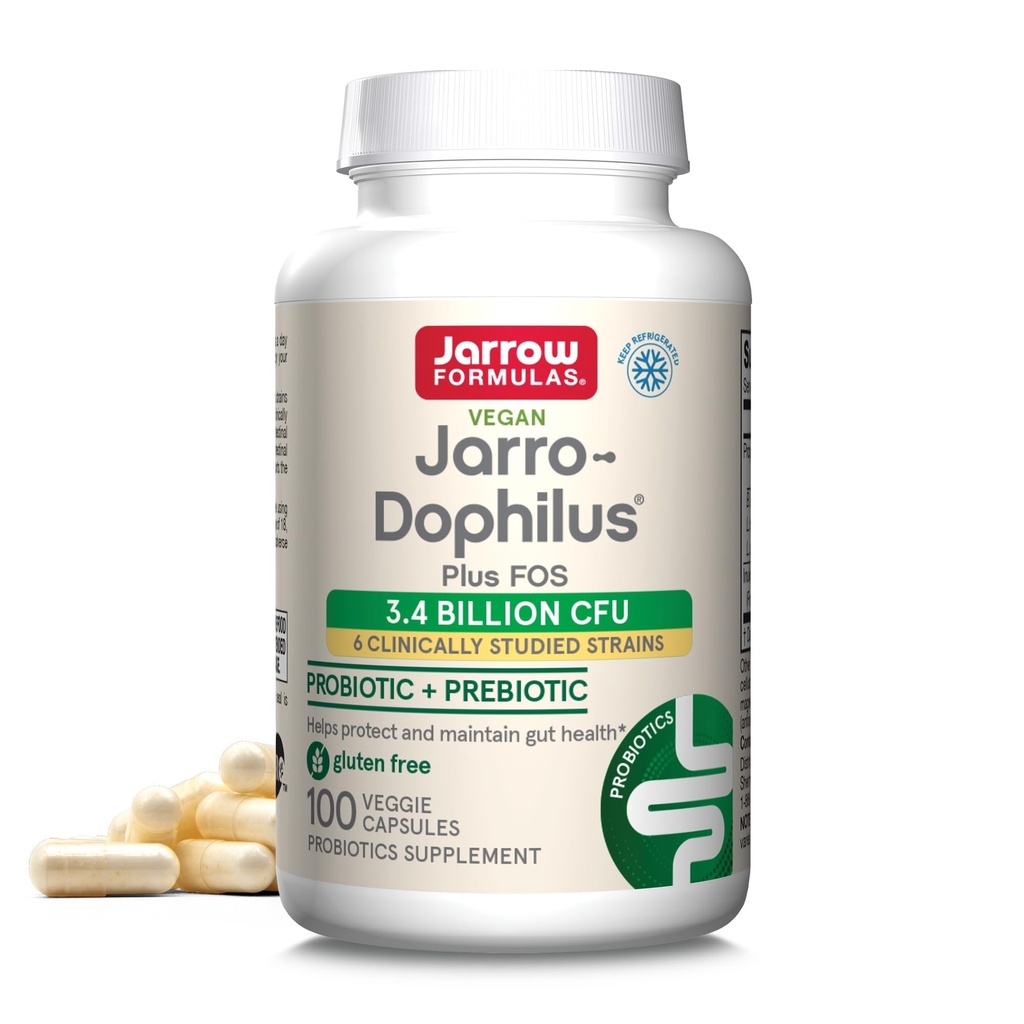 Jarrow Formler Jarro-Dophilus + FOS - 3.4 Million Organismer Per Serving - 100 Veggie Caps - Prebiotic & Probiotic - Næringsstøtte til Benefitial Bakterier - Opp til 100 Serveringer