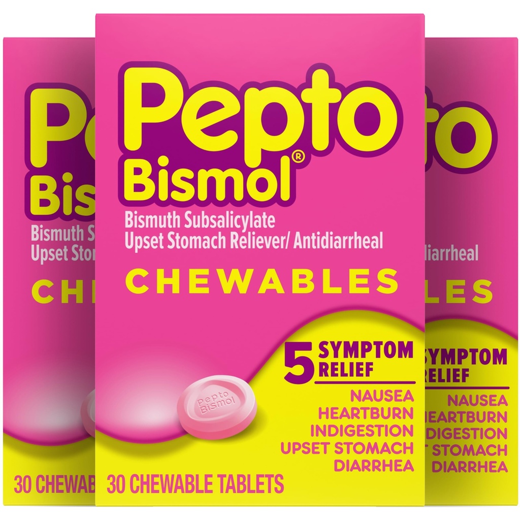 Pepto Bismol Chewable tabletter for hemmighet, Heartburn, Indigestion, Upset Mage, og Diarrea Relief, Original Flavor, 90 Totalt (3 Pakker med 30)