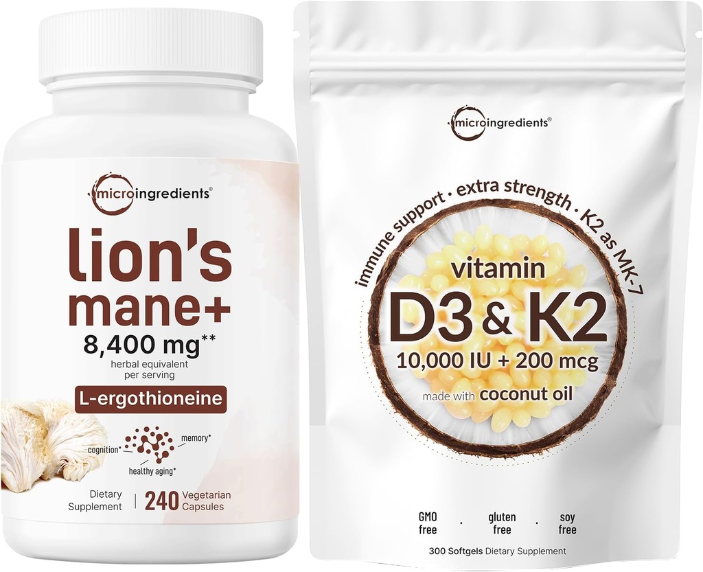 Mikroingredienser Vitamin D3 10.000iu + K2 200mcg Kokosolje Softgels & løver Mane Supplement 240 Veggie Capsules Bundle 2 Pack | Essentielle Sunshine Vitaminer | Superfood Mushroom Antioksidanter med L-