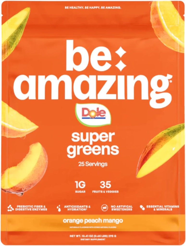 BE AMAZING Super Greens pulver med prebiotika, Digestive enzymer og antioksidanter, 35 frukter og grønnsaker, Electrolytes & fiber, Vegan, Glutenfri juice og smoothie blanding, Dole Orange Peach Mango, 25 Serv