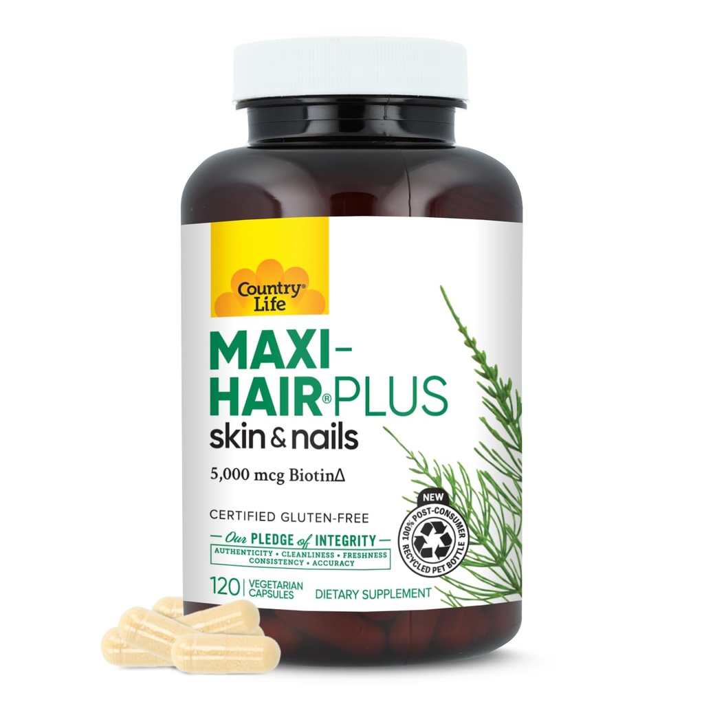 Country Life, Maxi-Hair Plus Biotin, støtter sunnt hår, hud og negler, daglig kosttilskudd, 120 ct