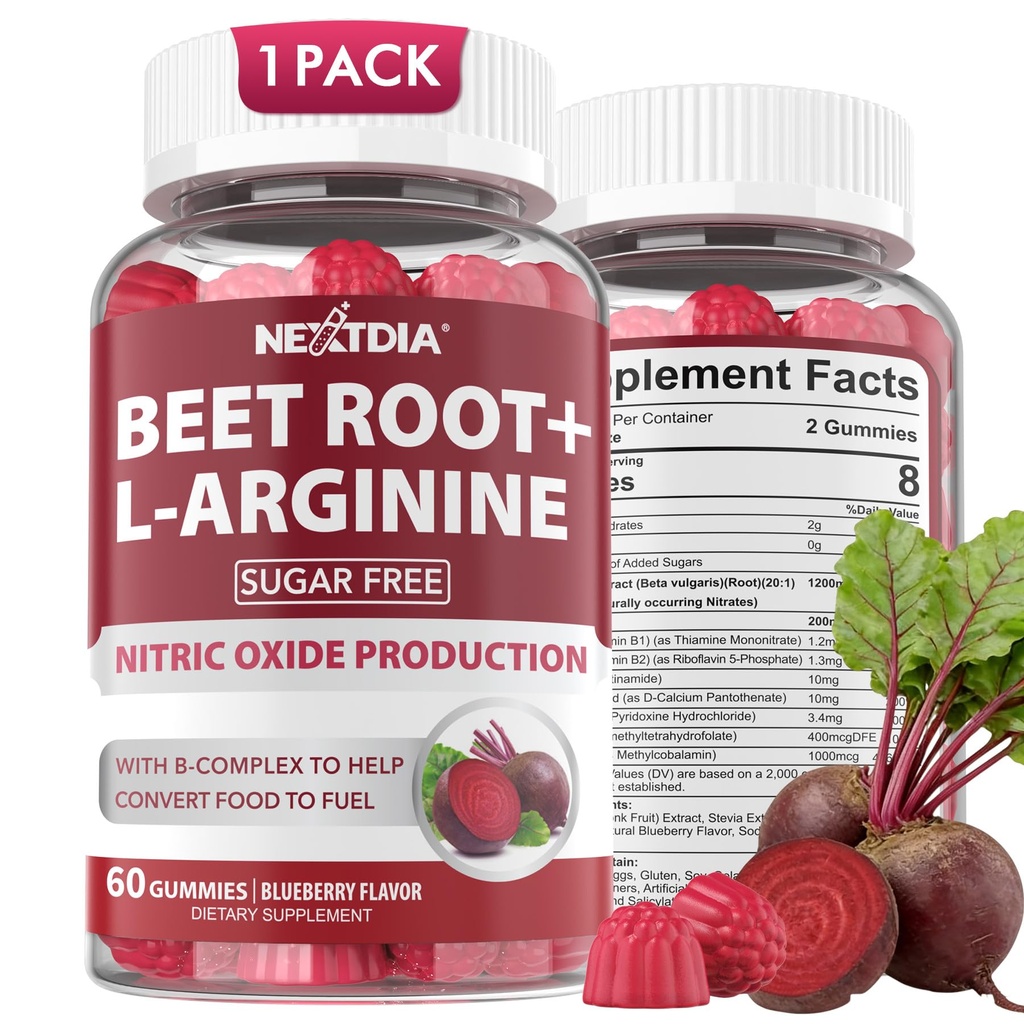 Beet Root Gummies & L-Arginine, Nitric Oxid kosttilskudd for menn og kvinner w/Organic Beets, B1, B2, B3, B5, B6, Folate, B12 for energiforsterkningsstøtte, sukkerfri, 60 Cts